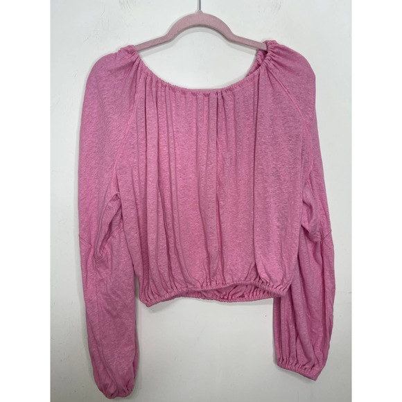 Free People In A Dream Ruched Linen Blend Crop Top in Pink Blouse Long Sleeve - Picture 4 of 7